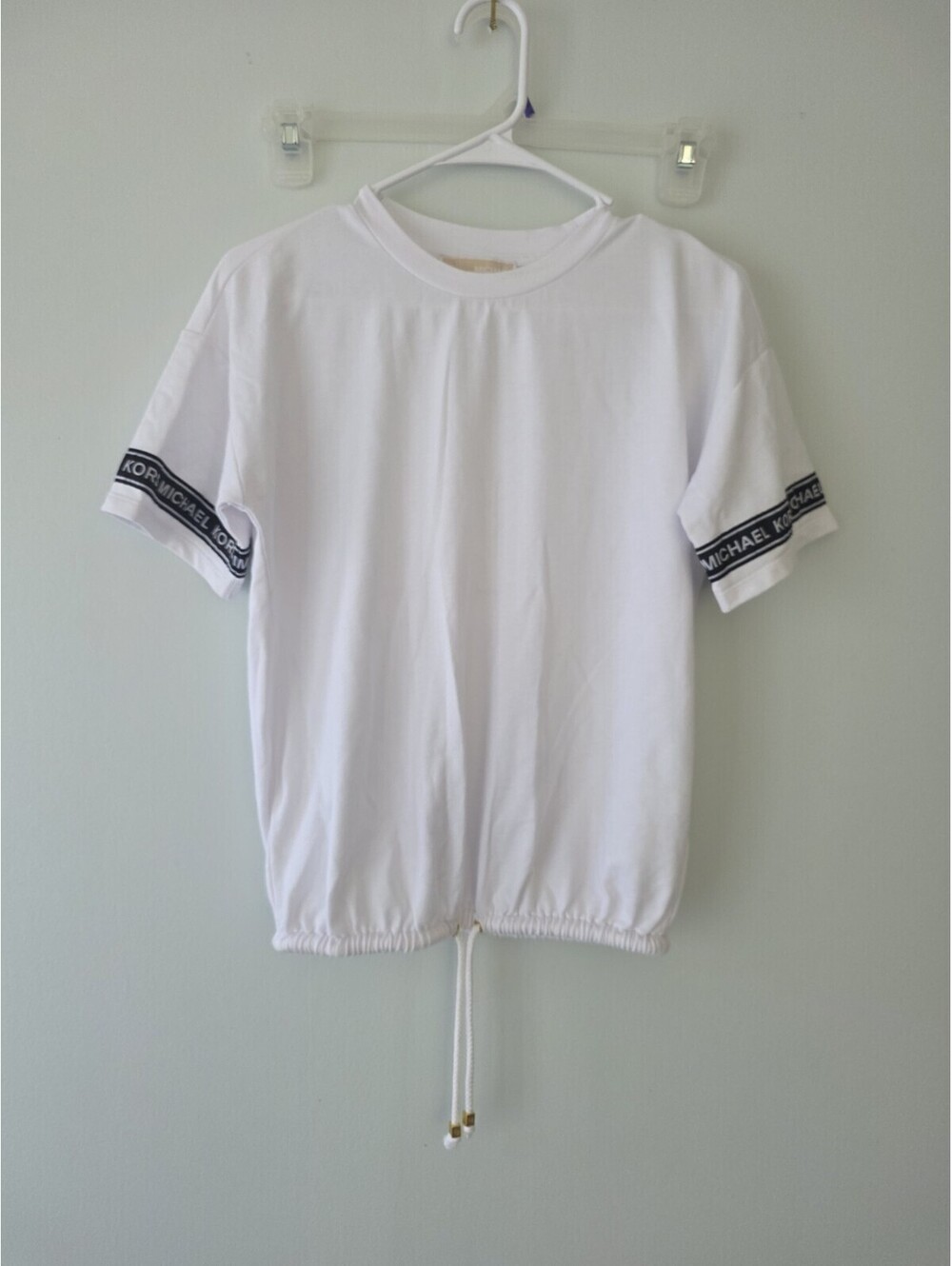 Michael Kors White short sleeve Drawstring hem Top with logo, Womens , Size XS